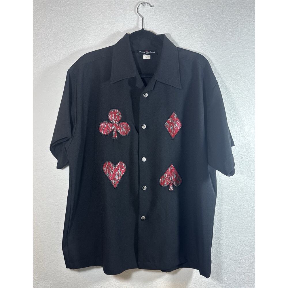 Johnny Suede Black Polyester Card Suits Lounge Bowling Shirt Men's Size XL